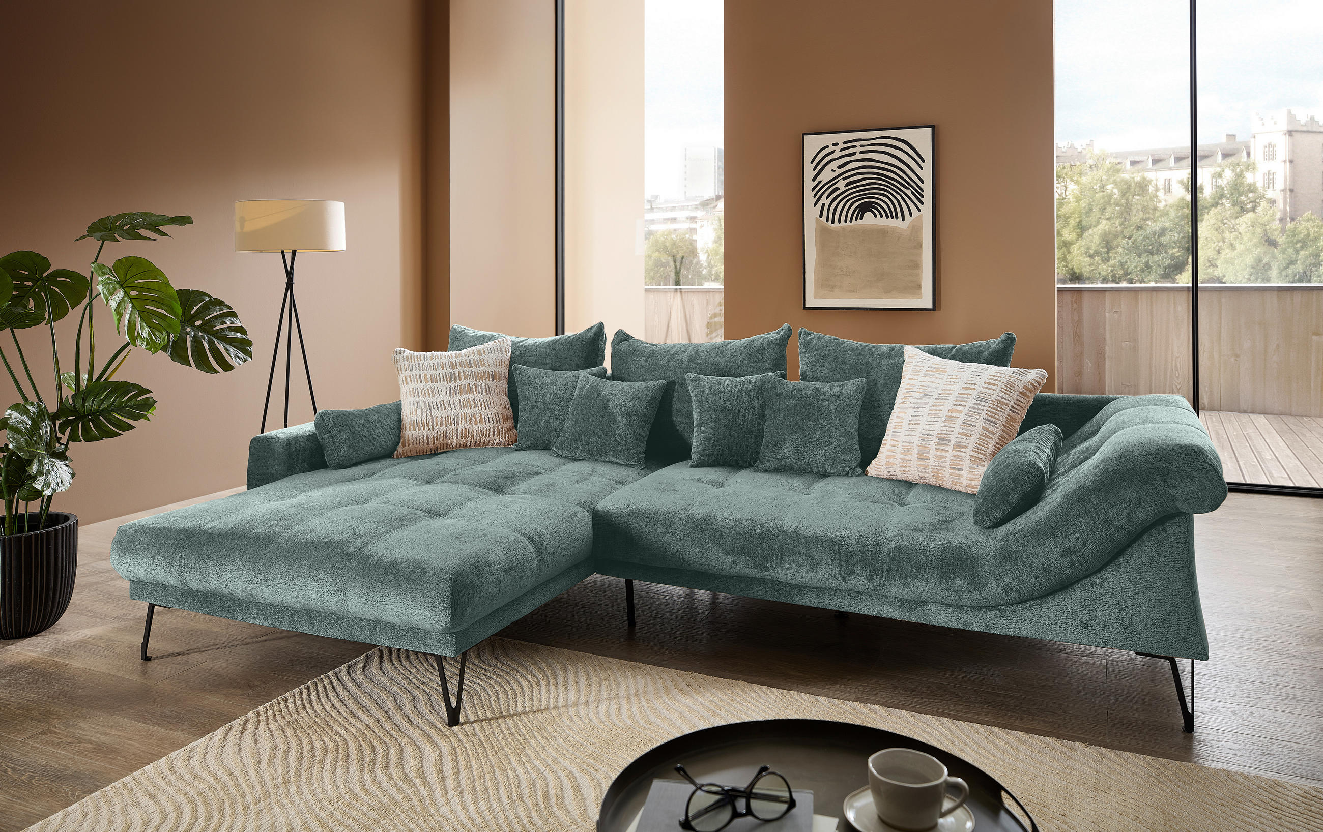ECKSOFA GARDA Türkis Chenille Zierkissen, Rückenkissen, Nierenkissen, Rücken echt  - Türkis/Schwarz, KONVENTIONELL, Textil/Metall (192/310cm) - Livetastic