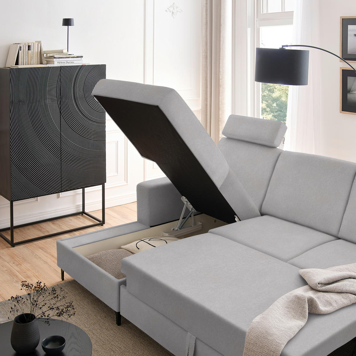 ECKSOFA in Velours Hellgrau  - Hellgrau/Schwarz, KONVENTIONELL, Textil/Metall (167/247cm) - Stylife