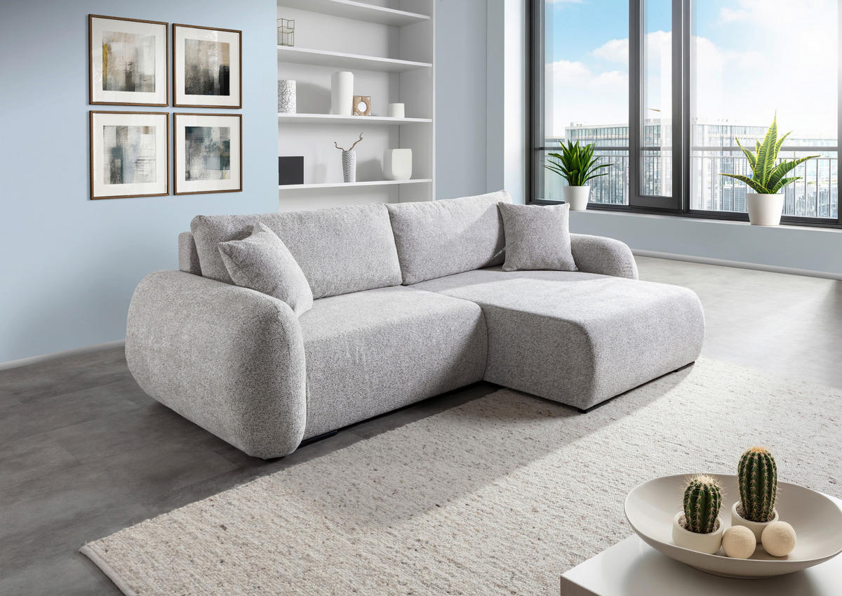 ECKSOFA Grau Flachgewebe Zierkissen, Rückenkissen, Bettkasten, Schlaffunktion, Rücken echt, Liegefläche im Originalstoff  - Schwarz/Grau, KONVENTIONELL, Kunststoff/Textil (250/145cm) - Carryhome