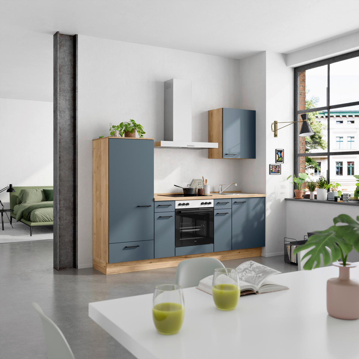 KÜCHENBLOCK Easytouch 240 cm  in Blau, Eichefarben  - Blau/Eichefarben, MODERN, Holzwerkstoff/Metall (240cm) - Nobilia