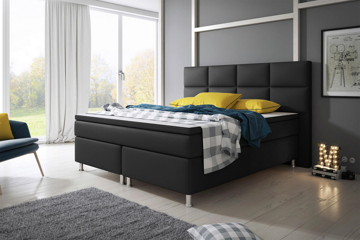 Boxspringbett mit Topper  in Schwarz  - Silberfarben/Schwarz, KONVENTIONELL, Leder/Textil (200/125/210cm) - MID.YOU