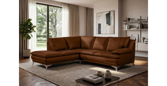 ECKSOFA Cognac Echtleder  - Chromfarben/Cognac, Design, Leder/Metall (224/252cm) - Novel