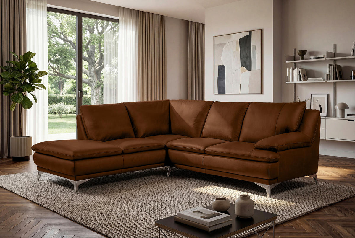ECKSOFA Cognac Echtleder  - Chromfarben/Cognac, Design, Leder/Metall (224/252cm) - Novel