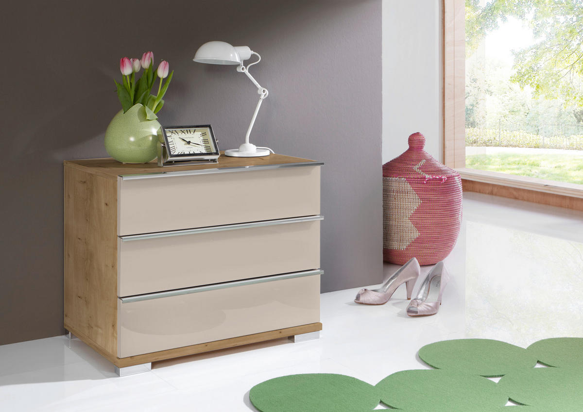 NACHTKÄSTCHEN 60/53/42 cm  in Champagner, Eiche Bianco  - Chromfarben/Eiche Bianco, Basics, Glas/Holzwerkstoff (60/53/42cm) - Venda