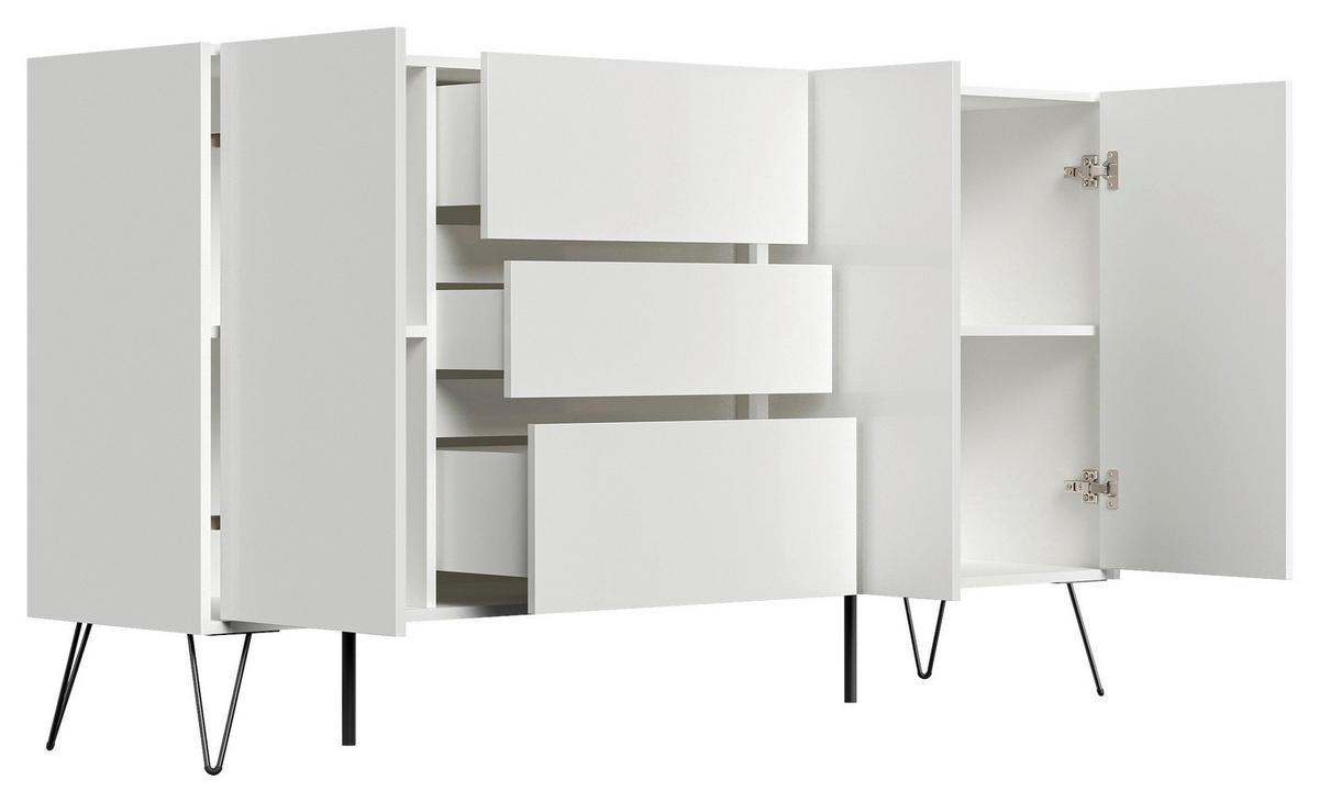 SIDEBOARD Posseik Industrial 177/93,6/42 cm 3 Schublade(n)  - Weiß Hochglanz/Schwarz, Design, Holzwerkstoff/Metall (177/93,6/42cm) - P & B