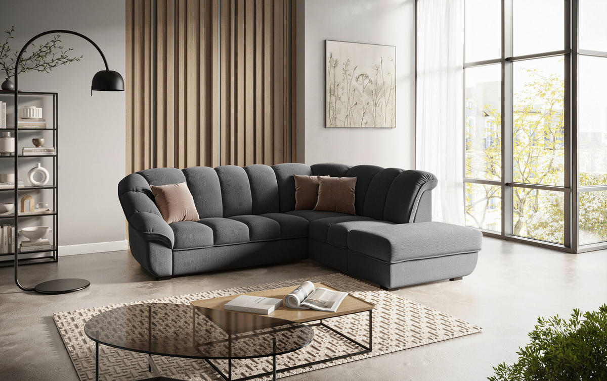 ECKSOFA Schwarz Chenille Bettkasten, Schlaffunktion, Rücken echt  - Schwarz, KONVENTIONELL, Kunststoff/Textil (260/222cm) - Welnova