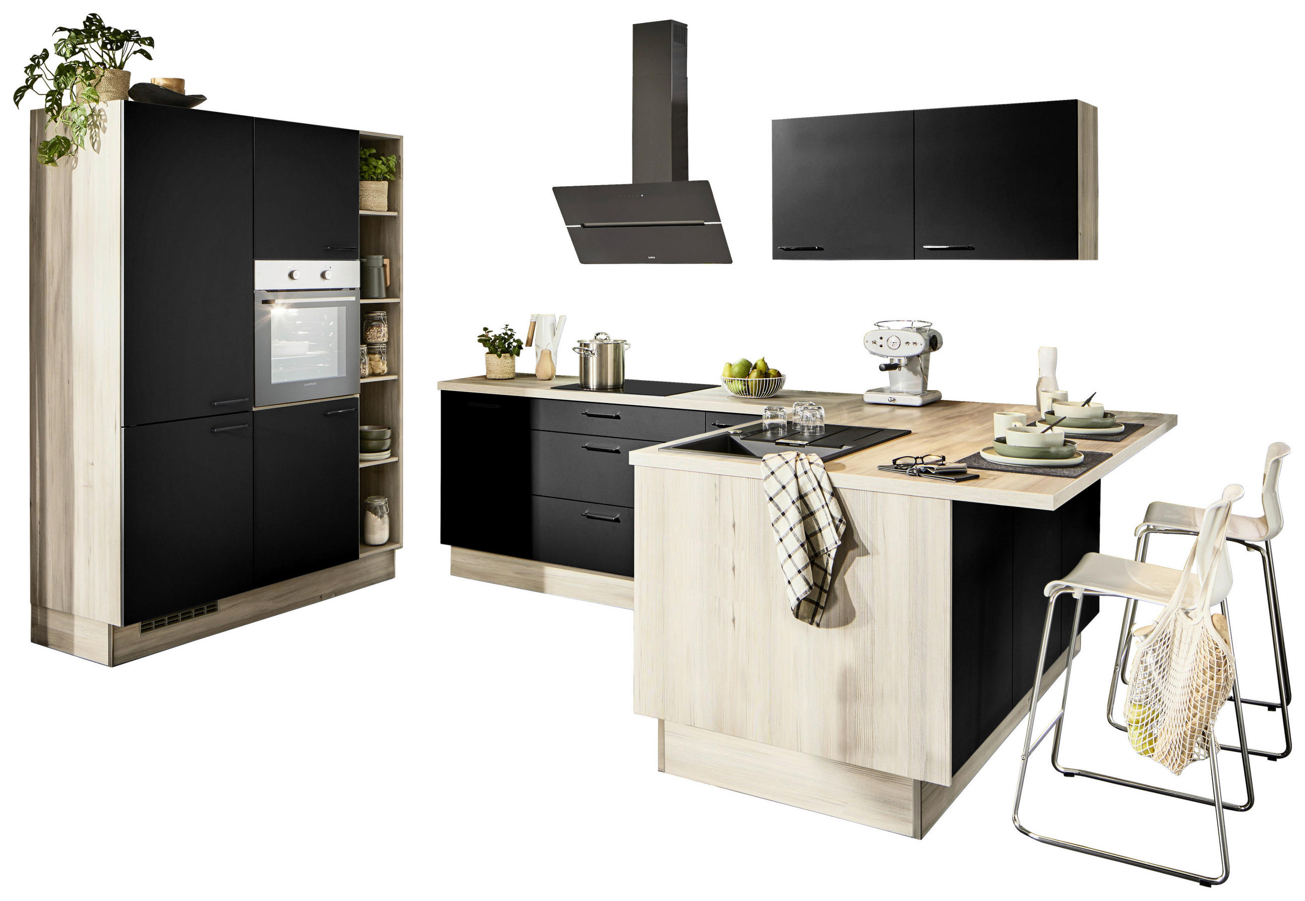 ECKKÜCHE  in Schwarz, Tannenholzfarben  - Tannenholzfarben/Schwarz, Design, Holzwerkstoff/Metall (150/280/121,6cm) - Xora