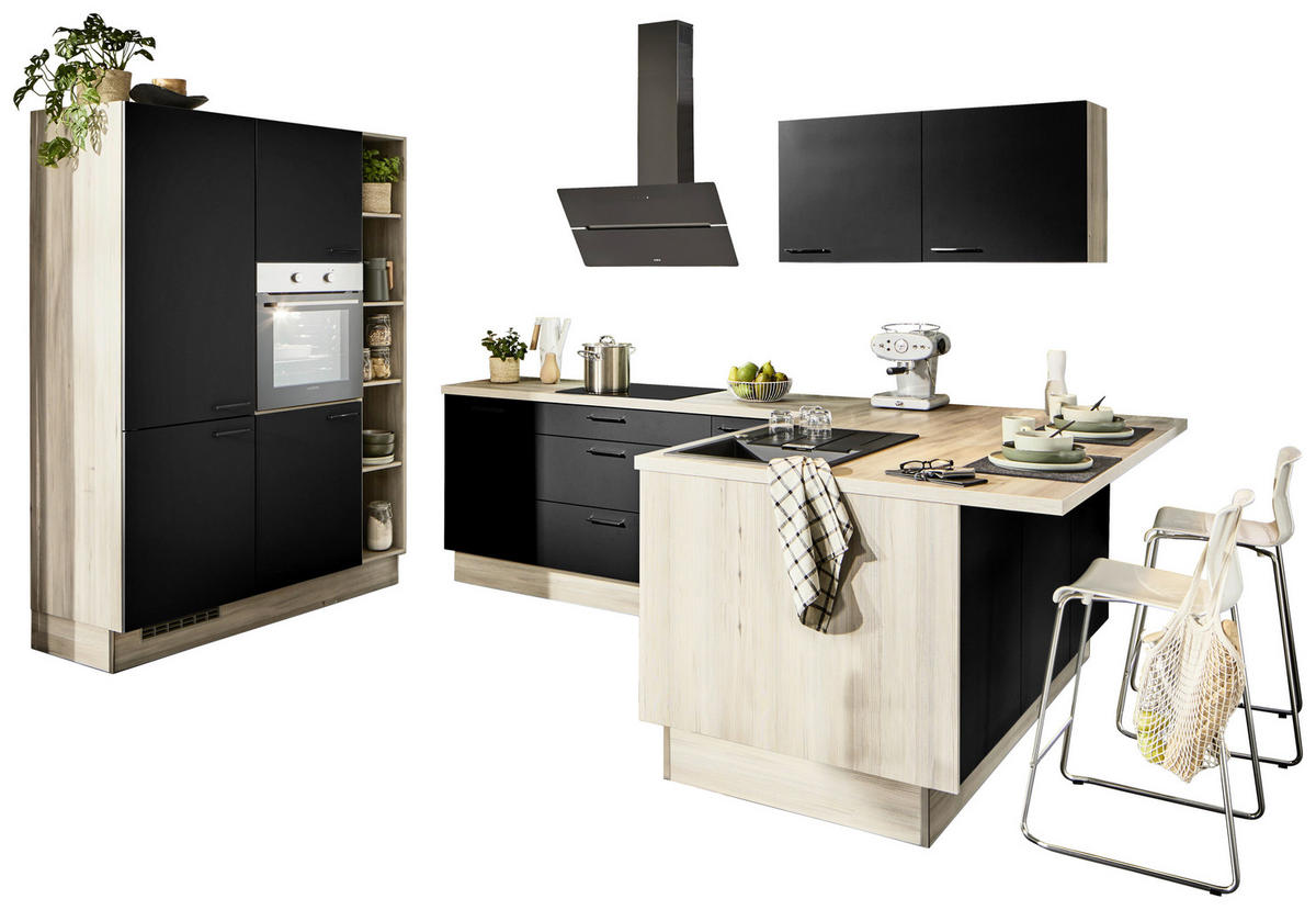 ECKKÜCHE  in Schwarz, Tannenholzfarben  - Tannenholzfarben/Schwarz, Design, Holzwerkstoff/Metall (150/280/121,6cm) - Xora