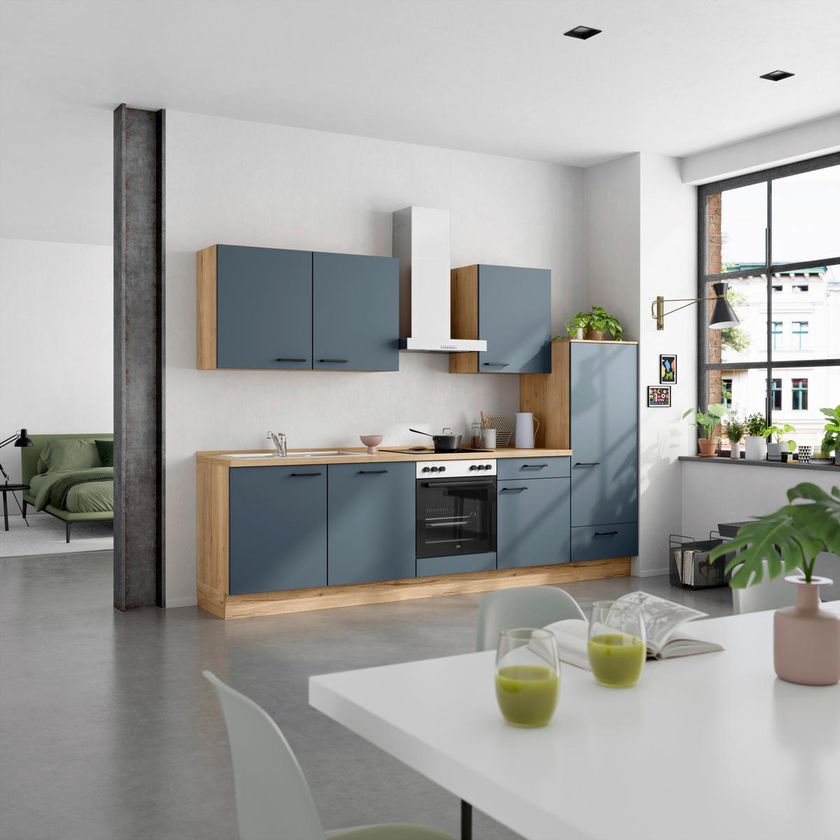 KÜCHENBLOCK Easytouch 300 cm  in Blau, Eichefarben  - Blau/Eichefarben, MODERN, Holzwerkstoff/Metall (300cm) - Nobilia