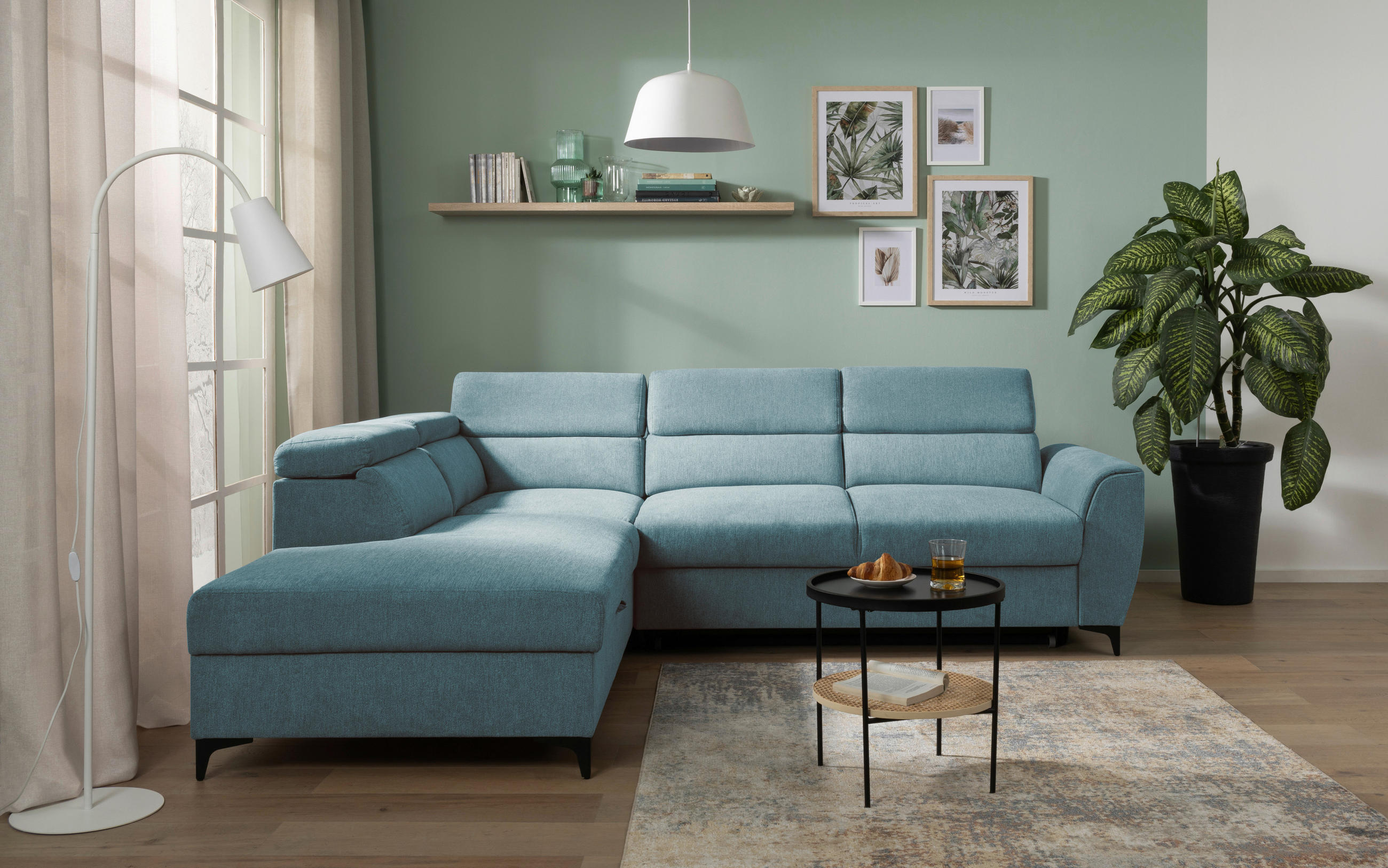 ECKSOFA in Velours Petrol  - Petrol/Schwarz, Konventionell, Textil/Metall (217/255cm) - MID.YOU