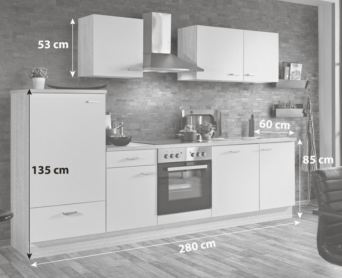 KÜCHENBLOCK 280 cm   in Weiß, Sonoma Eiche  - Silberfarben/Weiß, KONVENTIONELL, Holzwerkstoff/Kunststoff (280cm) - Menke