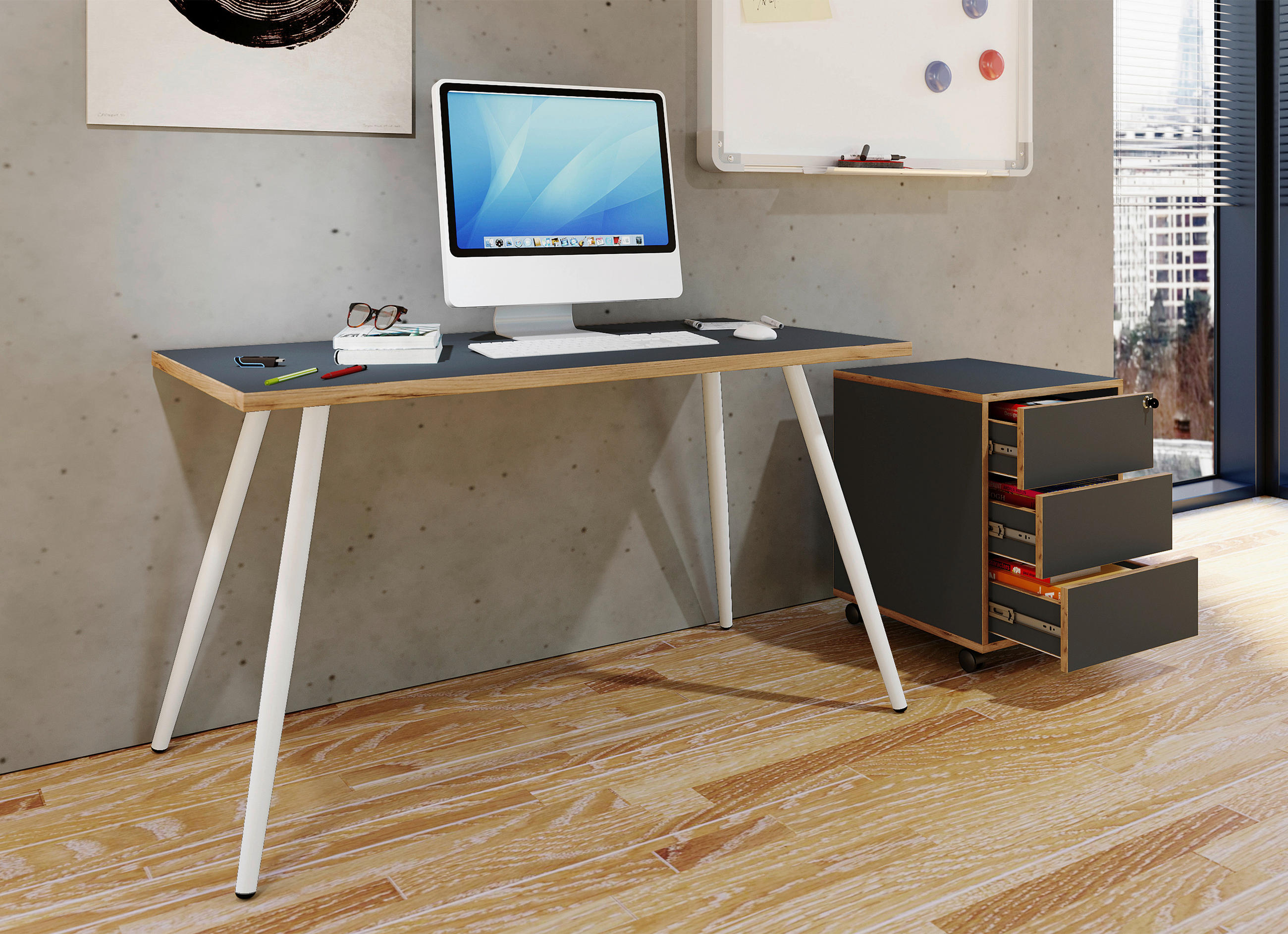 SCHREIBTISCH 138/80/70 cm  in Anthrazit, Honigeiche  - Honigeiche/Weiss, Design, Holzwerkstoff/Metall (138/80/70cm) - MID.YOU