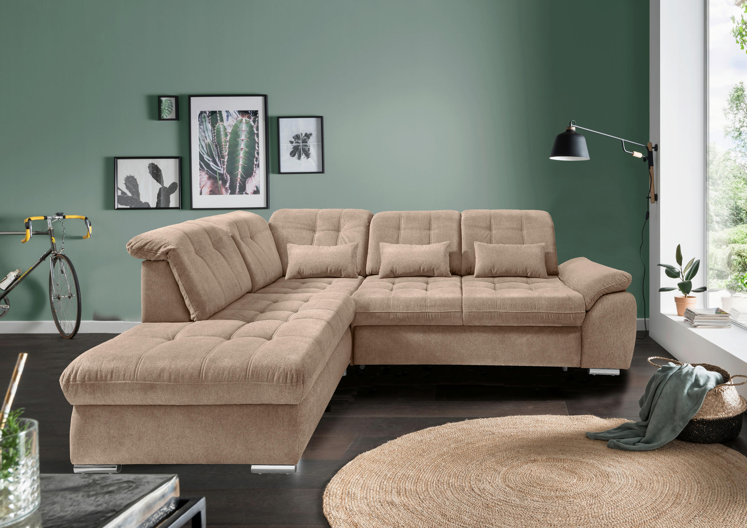 ECKSOFA RIGATTI Hellbraun Flachgewebe Kopfteilverstellung, Stauraum, Sitztiefenverstellung  - Chromfarben/Hellbraun, MODERN, Textil/Metall (254/308cm) - Livetastic