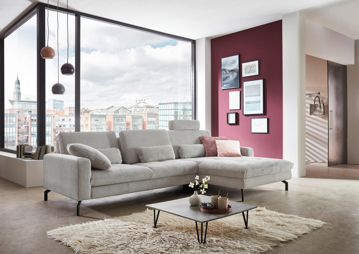 ECKSOFA in Cord Grau  - Schwarz/Grau, Design, Textil/Metall (302/178cm) - Beldomo Style