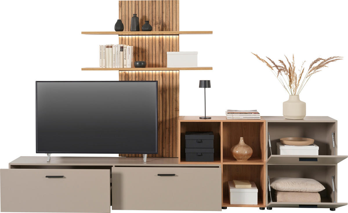 OBÝVACÍ STĚNA, barvy dubu, šedobéžová - černá/barvy dubu, Moderní, kompozitní dřevo/plast (296/190/40cm) - Carryhome