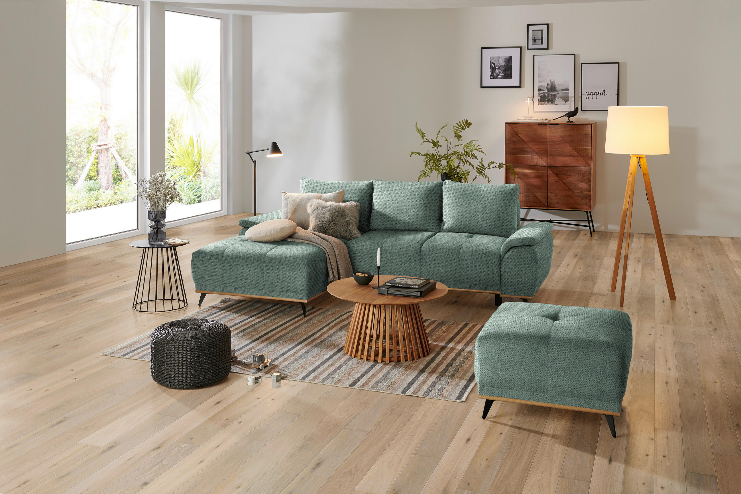 ECKSOFA in Chenille Grün  - Schwarz/Grün, Modern, Textil/Metall (168/262cm) - home24