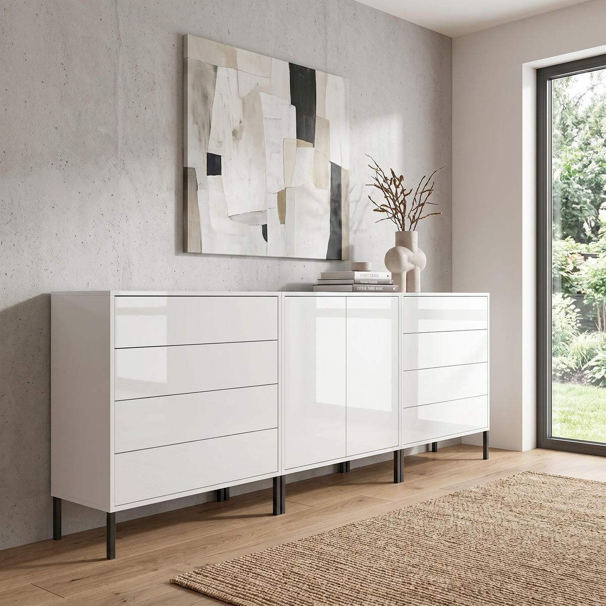 SIDEBOARD   - Weiß Hochglanz/Anthrazit, MODERN, Holzwerkstoff/Metall (237/86/33cm) - MID.YOU