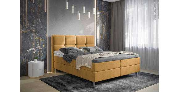 BOXBETT 160/200 cm,  in Orange, Currygelb, gepolstertes Kopfteil, Bettkasten, Topper, H3 = fest  - Chromfarben/Currygelb, Design, Holz/Holzwerkstoff (160/200cm) - Esposa