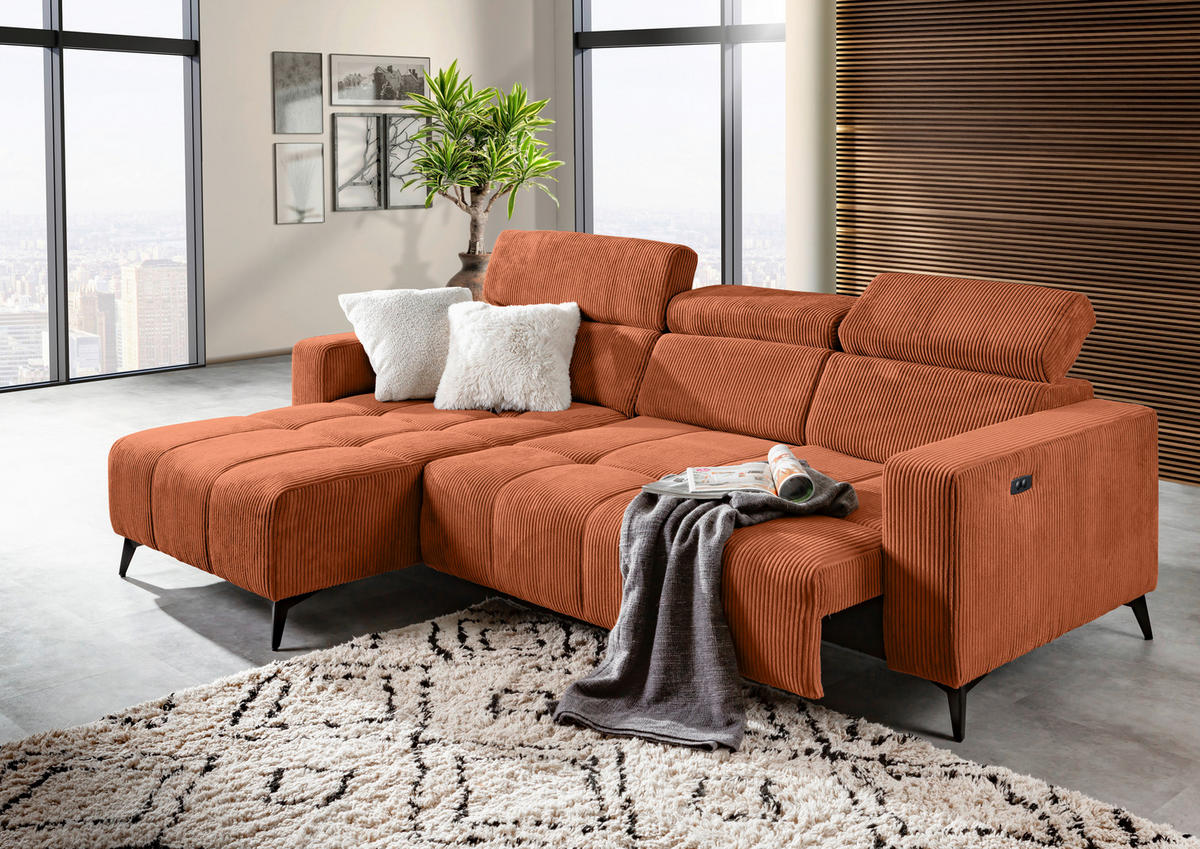 ECKSOFA Rostfarben Cord Rücken echt, Kopfteilverstellung, Sitzvorzug  - Rostfarben/Schwarz, KONVENTIONELL, Textil/Metall (170/257cm) - Carryhome