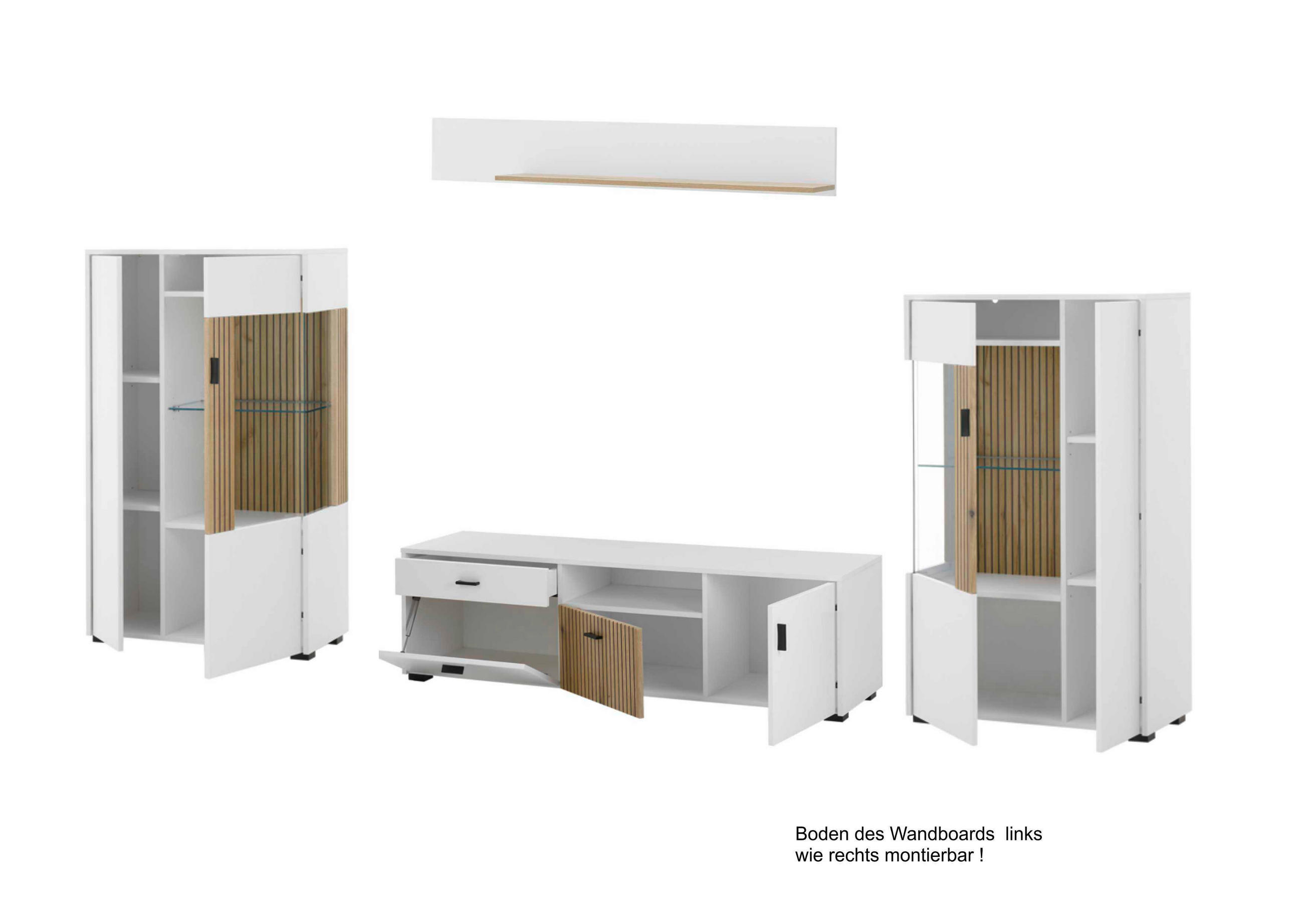 WOHNWAND 4-teilig  in Weiß, Eichefarben  320/180/42 cm  - Eichefarben/Schwarz, Design, Glas/Holzwerkstoff (320/180/42cm) - MID.YOU