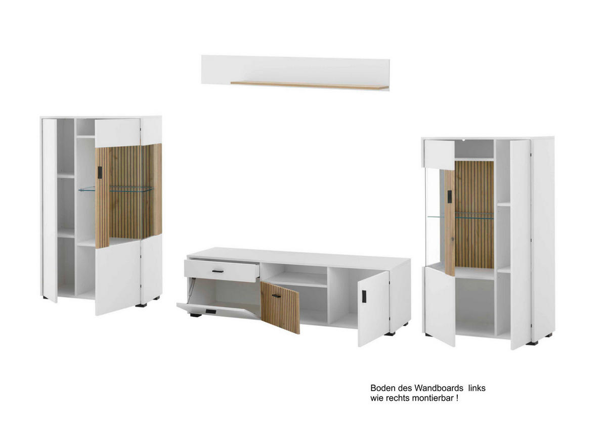 WOHNWAND 4-teilig  in Weiß, Eichefarben  320/180/42 cm  - Eichefarben/Schwarz, Design, Glas/Holzwerkstoff (320/180/42cm) - MID.YOU