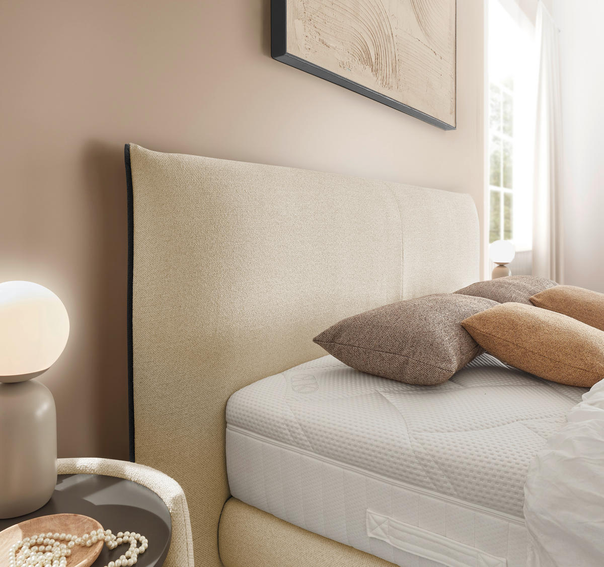 BOXSPRINGBETT 180/200 cm,  in Creme, Matratze, gepolstertes Kopfteil, H2 + H3 = mittel + fest  - Creme/Schwarz, Design, Textil/Metall (180/200cm) - Dieter Knoll