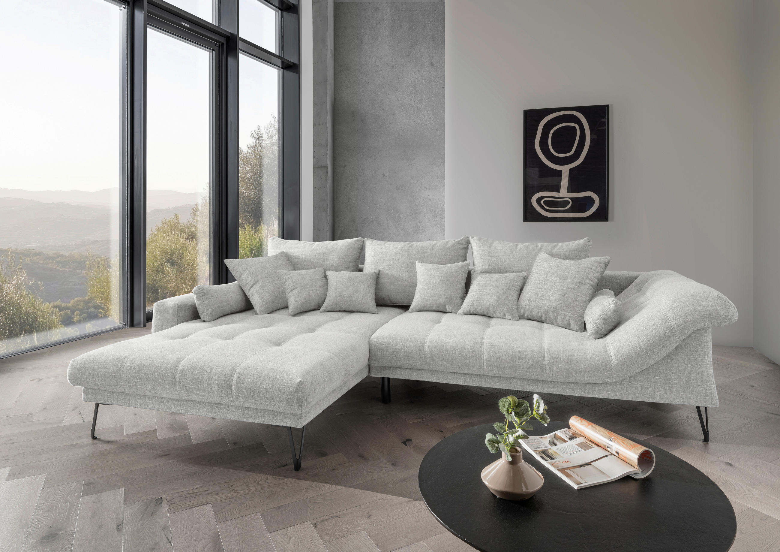 ECKSOFA in Mikrofaser Weiss  - Weiss/Schwarz, Konventionell, Textil/Metall (192/310cm) - Livetastic