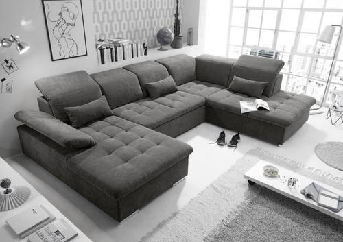 WOHNLANDSCHAFT Dunkelgrau Mikrovelours  - Dunkelgrau/Silberfarben, KONVENTIONELL, Kunststoff/Textil (188/340/240cm) - MID.YOU