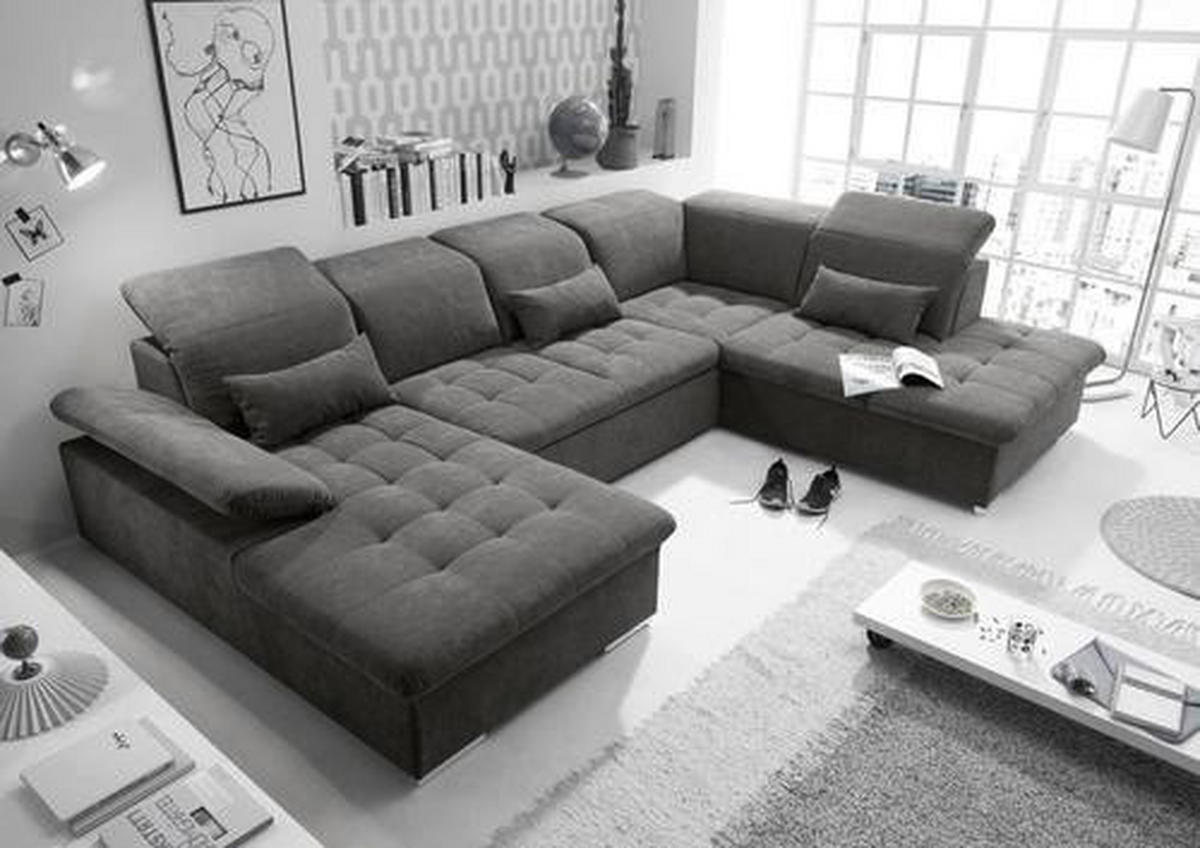 WOHNLANDSCHAFT Dunkelgrau Mikrovelours  - Dunkelgrau/Silberfarben, KONVENTIONELL, Kunststoff/Textil (188/340/240cm) - MID.YOU
