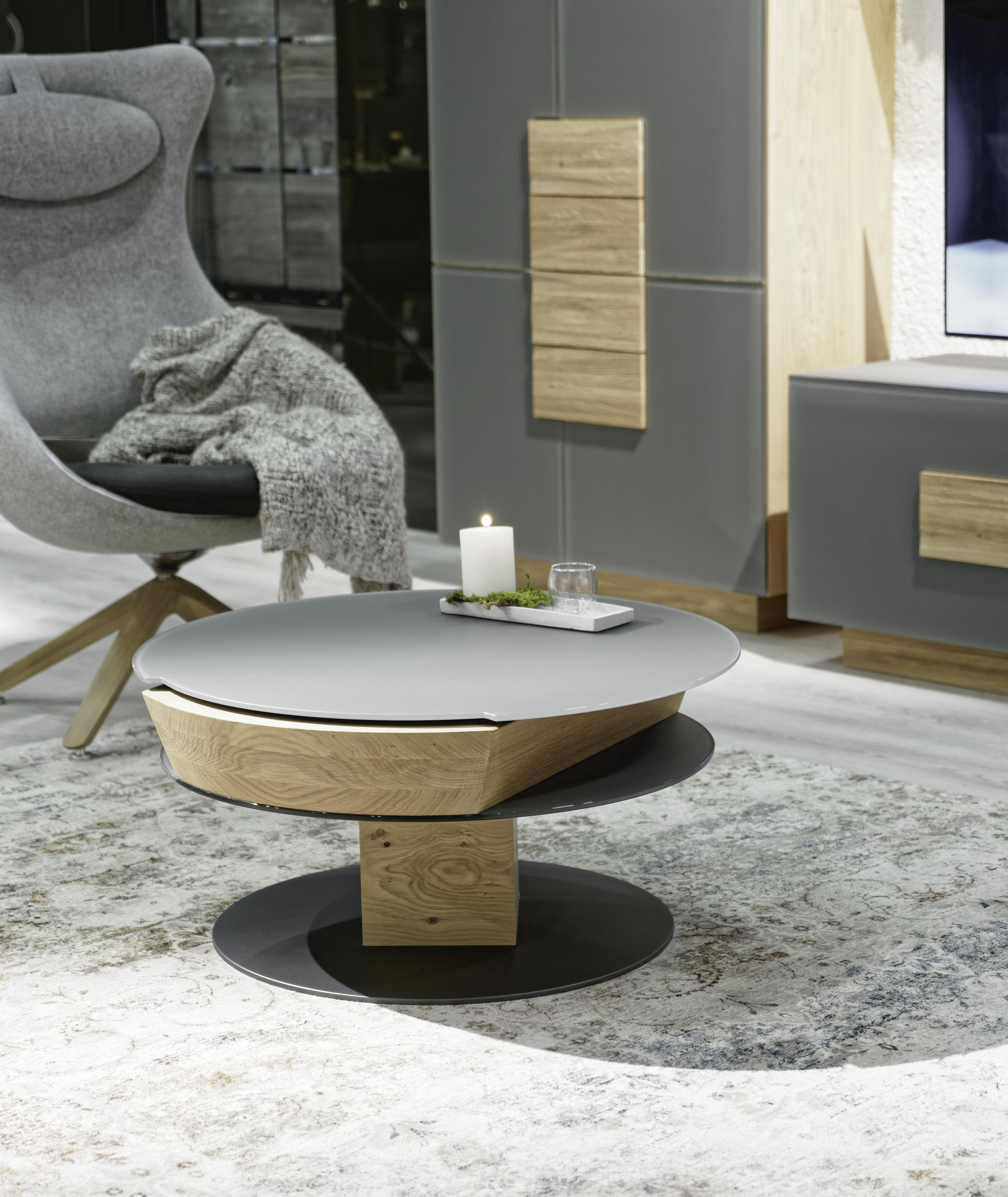 COUCHTISCH Wildeiche furniert ESG 80/35,5/80 cm rund Anthrazit, Eichefarben, Hellgrau  - Eichefarben/Anthrazit, Design, Glas/Holz (80/35,5/80cm) - Voglauer