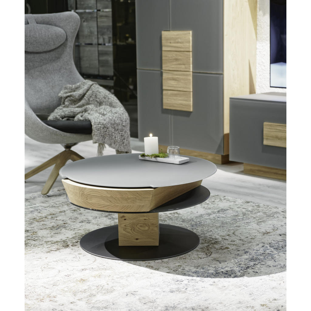 Thumbnail - Voglauer Couchtisch, Anthrazit, Eiche, Hellgrau, Holz, Metall, Glas, Wildeiche, furniert, rund, Säule, Bodenplatte, 35.5...
