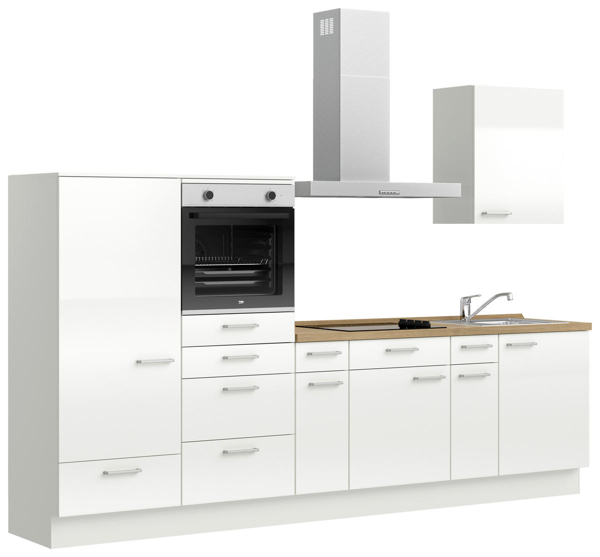 KÜCHENLEERBLOCK 300 cm   in Eichefarben, Weiß Hochglanz  - Edelstahlfarben/Eichefarben, MODERN, Holzwerkstoff/Metall (300cm) - Nobilia