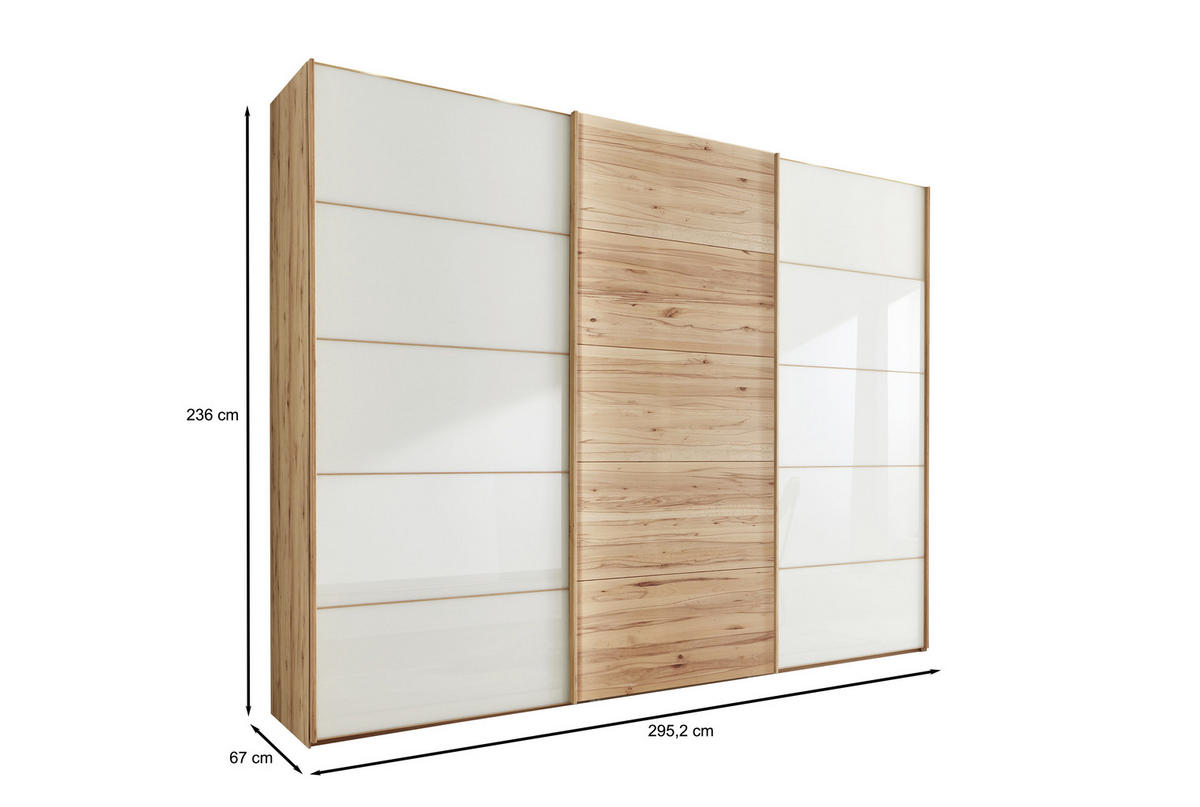 SCHWEBETÜRENSCHRANK 300/236/67 cm 3-türig Weiß, Buchefarben  - Buchefarben/Weiß, Natur, Glas/Holz (300/236/67cm) - Linea Natura