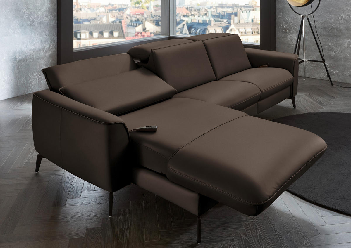 ECKSOFA in Echtleder Dunkelbraun  - Dunkelbraun/Schwarz, Natur, Leder/Metall (168/281cm) - Valdera