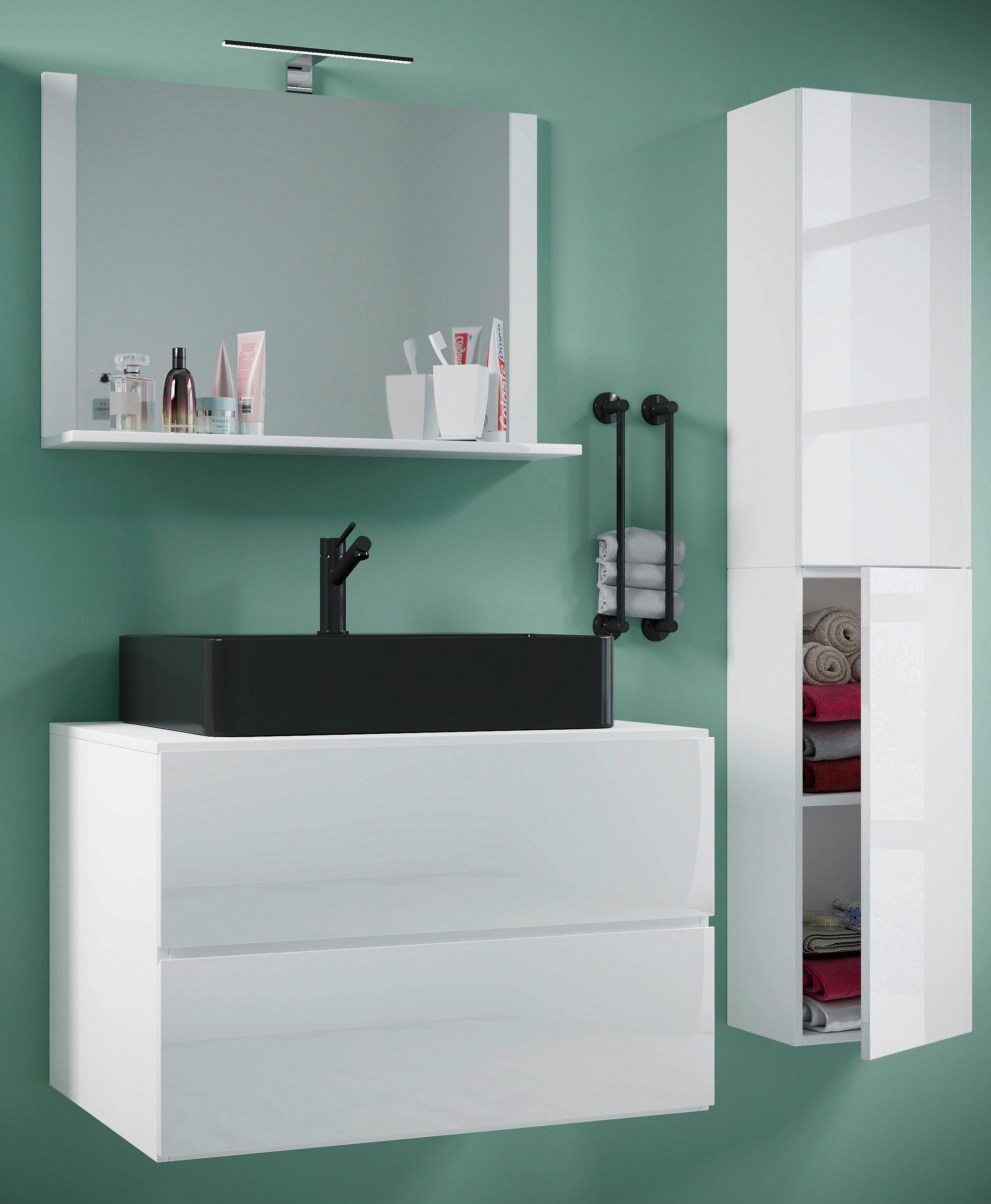 BADEZIMMER 4-teilig  in 114 cm  - Weiss/Schwarz, Modern, Glas/Keramik (114cm) - MID.YOU