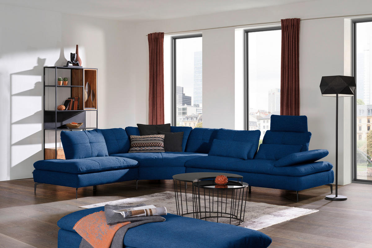 ECKSOFA  in Flachgewebe Blau  271/344 cm  - Blau/Schwarz, Design, Textil/Metall (271/344cm) - Chilliano