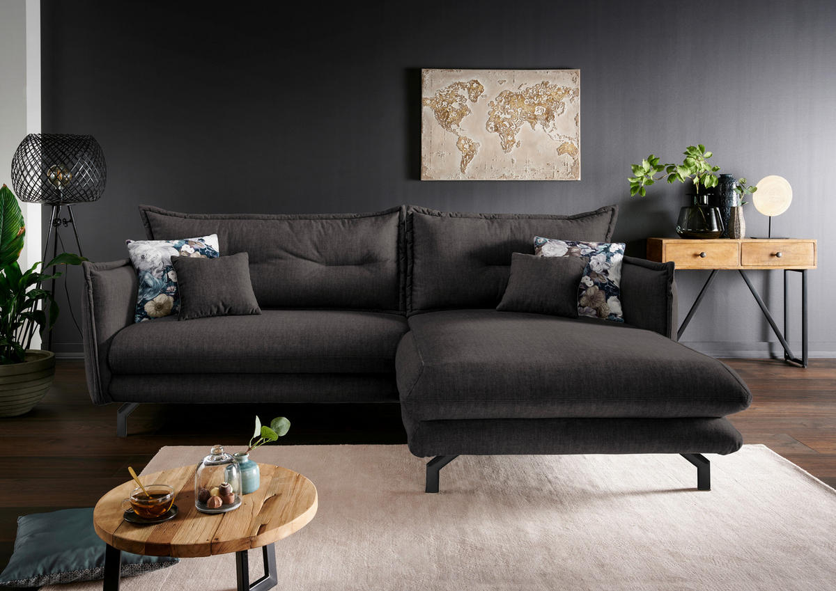ECKSOFA in Velours Anthrazit  - Türkis/Anthrazit, Modern, Textil/Metall (255/180cm) - Livetastic