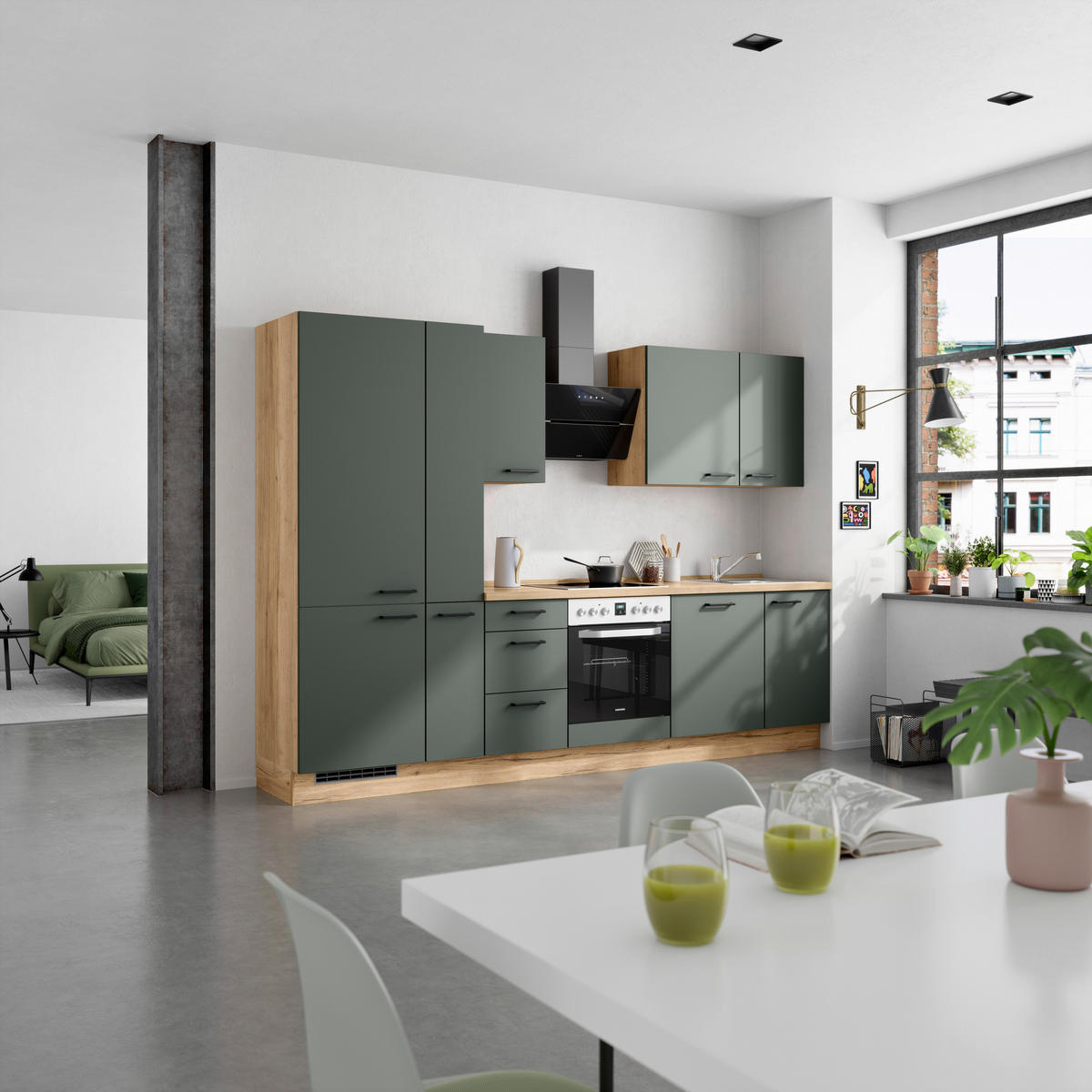 KÜCHENBLOCK Easytouch 300 cm  in Eichefarben, Dunkelgrün  - Dunkelgrün/Eichefarben, MODERN, Holzwerkstoff/Metall (300cm) - Nobilia
