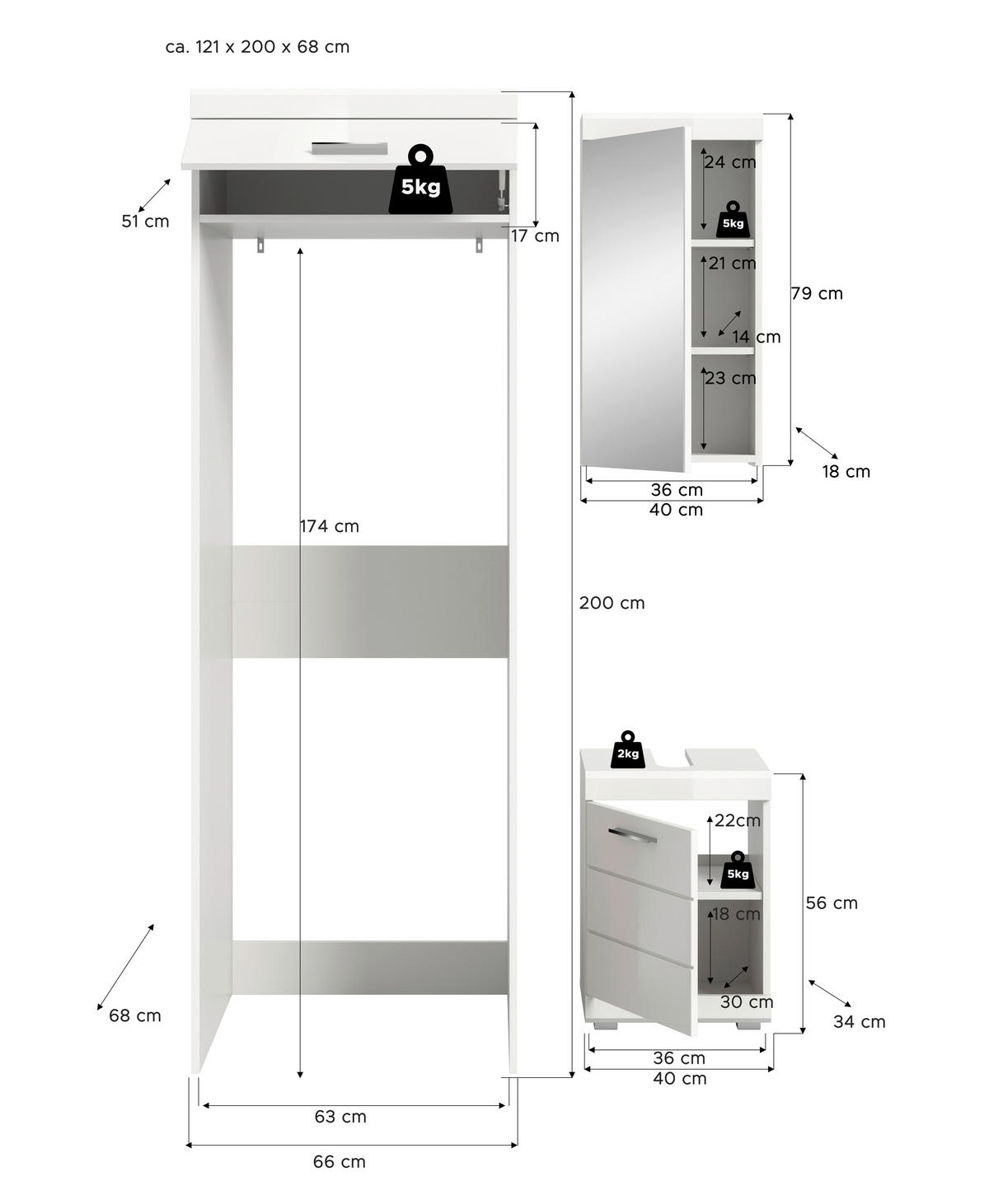 BADEZIMMER 3-teilig  in 121 cm  - Weiß Hochglanz/Silberfarben, Trend, Glas/Holzwerkstoff (121cm) - MID.YOU