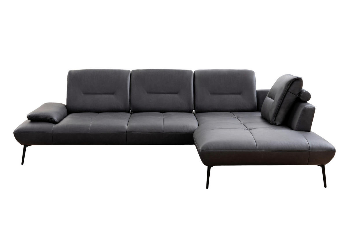 ECKSOFA Anthrazit Echtleder Rücken echt, Sitztiefenverstellung  - Anthrazit/Schwarz, Design, Leder/Metall (320/190cm) - Moderano