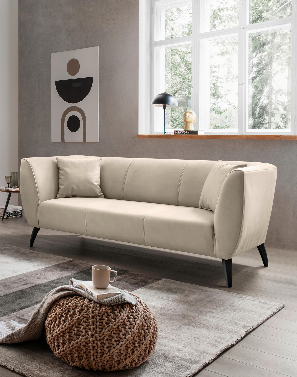 3-SITZER-SOFA Lederlook Beige  - Beige/Schwarz, MODERN, Holz/Textil (208/83/88cm) - Livetastic