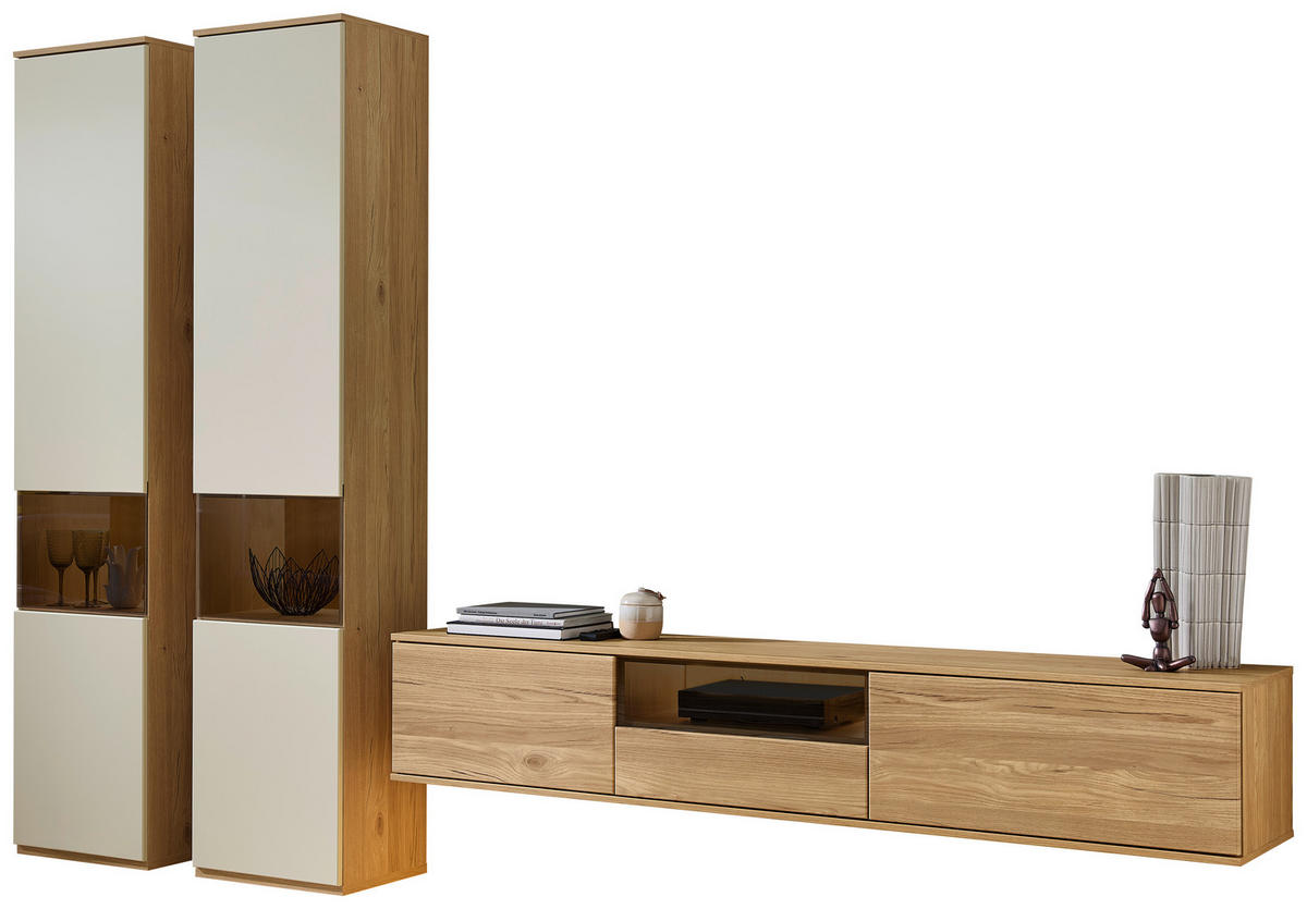 WOHNWAND  in Eichefarben, Sandfarben  315/215/40 cm  - Sandfarben/Eichefarben, KONVENTIONELL, Glas/Holzwerkstoff (315/215/40cm) - Venda