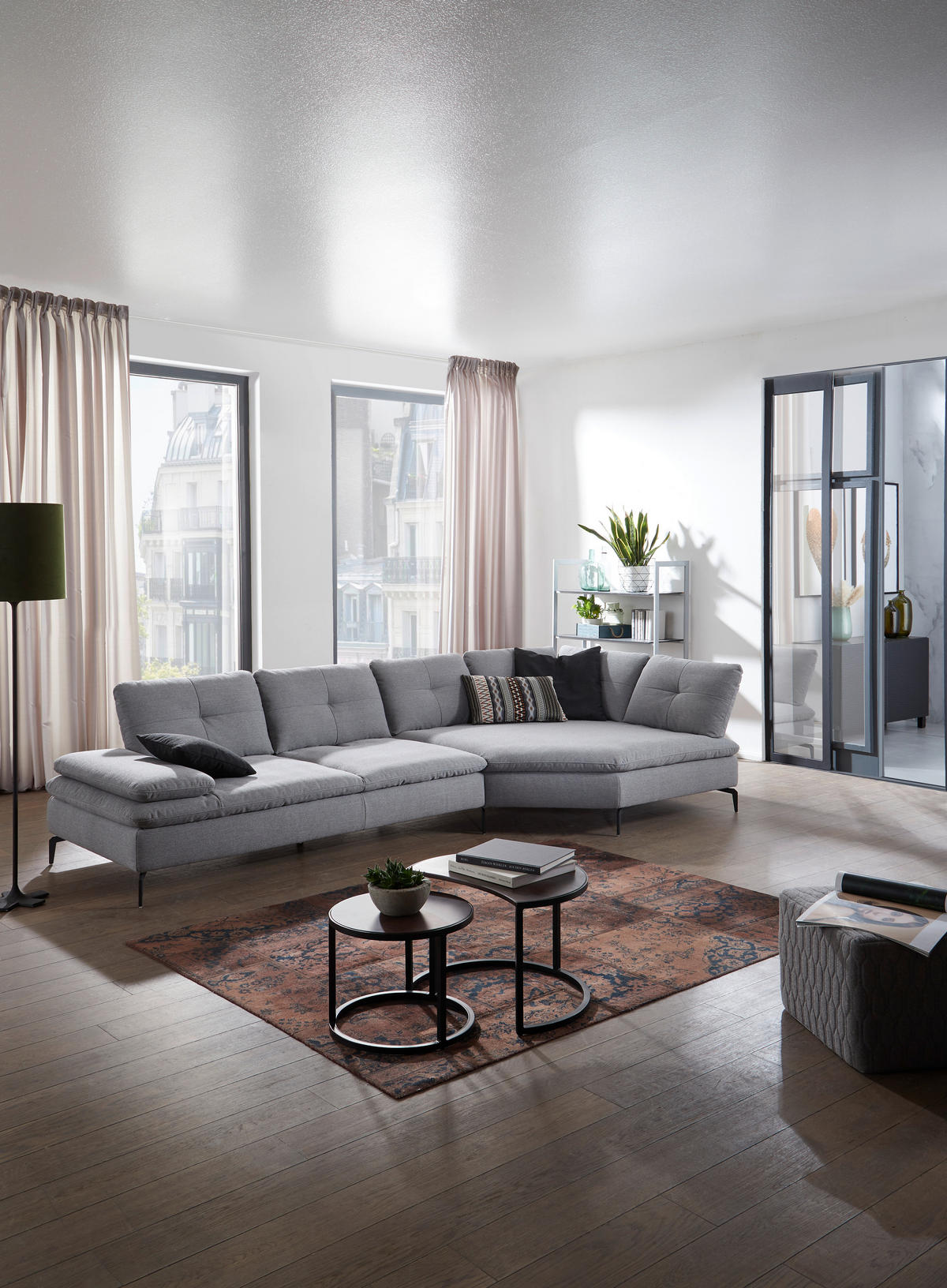 ECKSOFA Hellgrau Flachgewebe  - Hellgrau/Schwarz, Design, Textil/Metall (344/159cm) - Chilliano