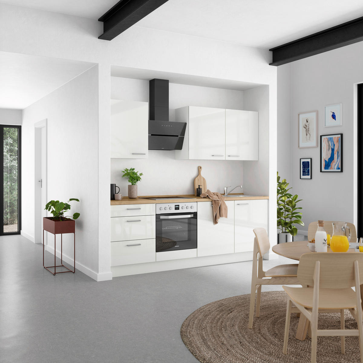 KÜCHENLEERBLOCK 240 cm   in Eichefarben, Weiß Hochglanz  - Edelstahlfarben/Eichefarben, MODERN, Holzwerkstoff/Metall (240cm) - Nobilia