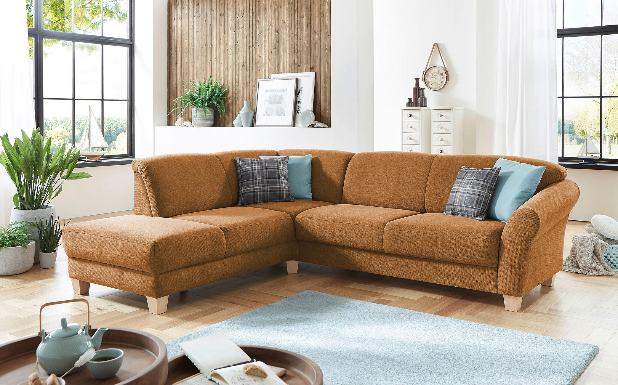 ECKSOFA Terracotta Flachgewebe Bettkasten, Sitztiefenverstellung  - Terracotta/Naturfarben, KONVENTIONELL, Holz/Textil (212/257cm) - Sit & More