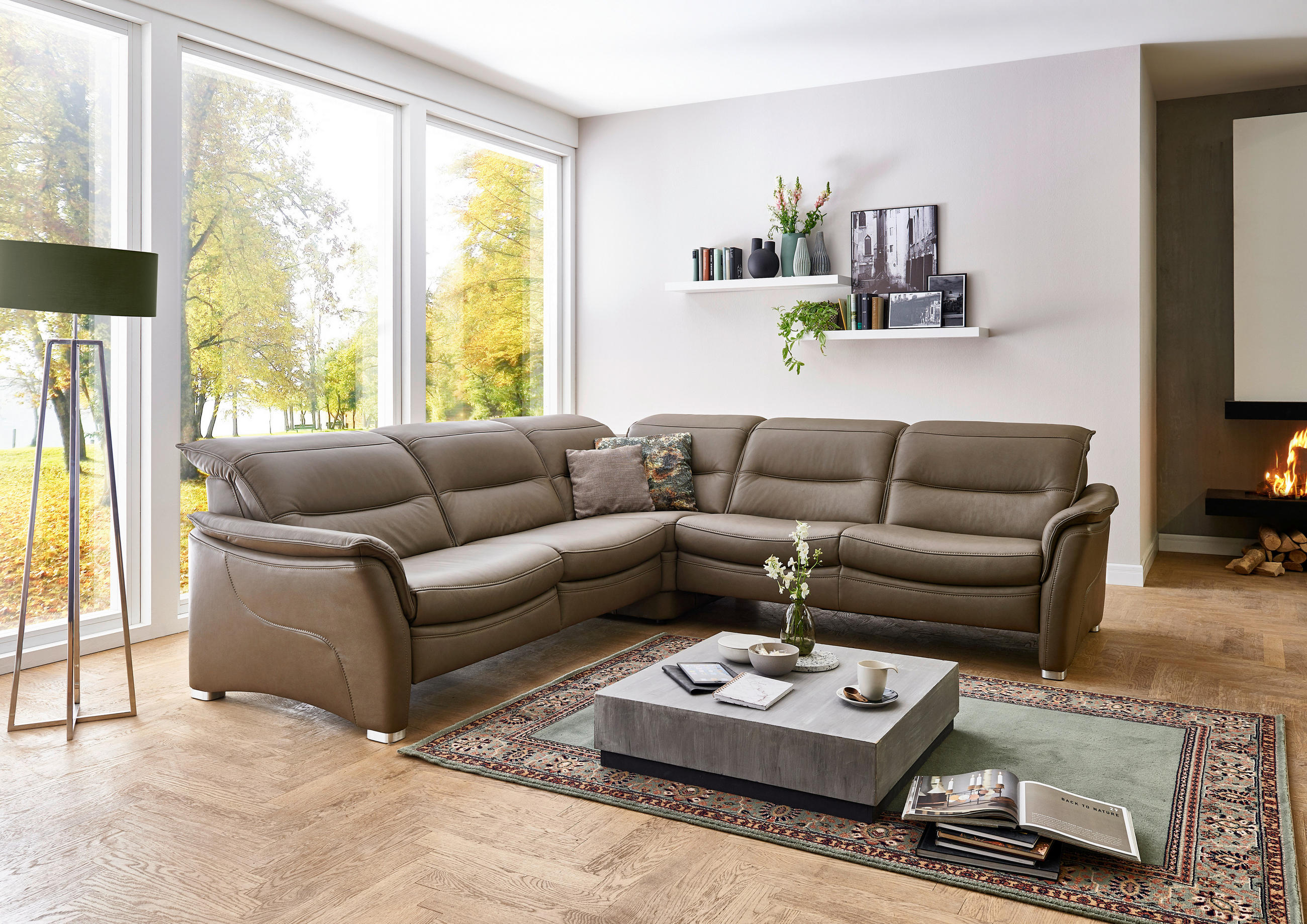 ECKSOFA inkl. Funktionen Dunkelbraun Echtleder  - Dunkelbraun/Alufarben, Design, Leder/Metall (277/277cm) - Valdera
