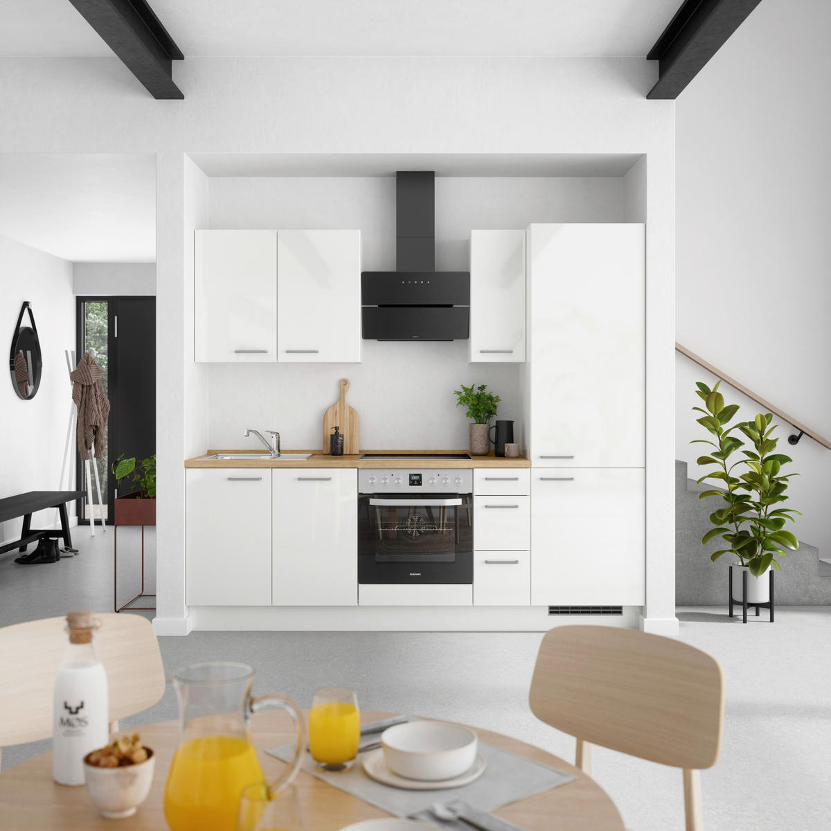 KÜCHENLEERBLOCK 240 cm   in Eichefarben, Weiß Hochglanz  - Edelstahlfarben/Eichefarben, MODERN, Holzwerkstoff/Metall (240cm) - Nobilia