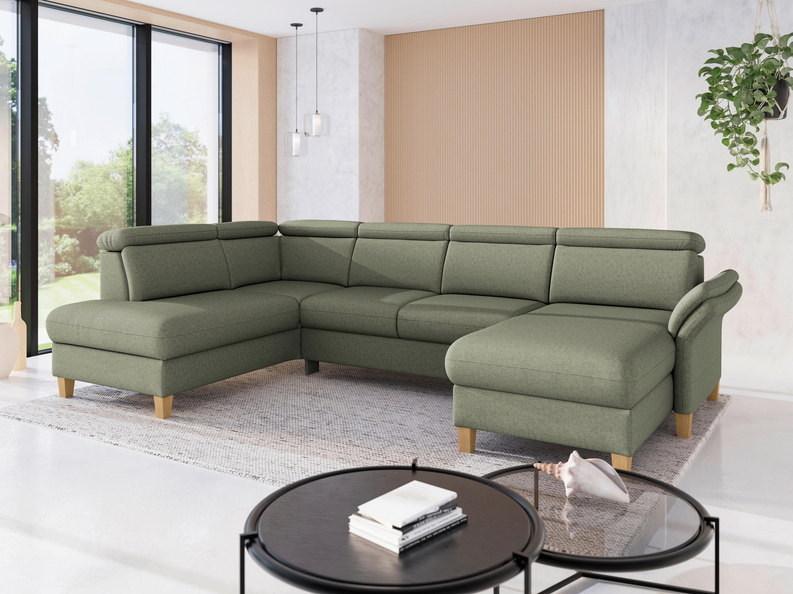 WOHNLANDSCHAFT GLENDALE E Olivgrün Flachgewebe  - Eichefarben/Olivgrün, KONVENTIONELL, Holz/Textil (193/321/166cm) - Sit & More