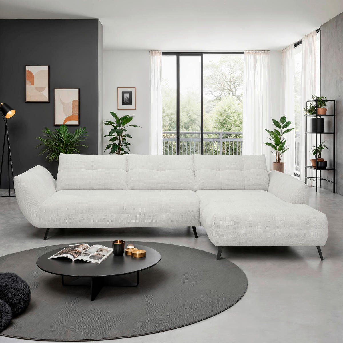 ECKSOFA Elfenbein Chenille Armlehnenkissen, Rücken echt, Sitztiefenverstellung  - Elfenbein/Schwarz, KONVENTIONELL, Textil/Metall (313/215cm) - Hom`in