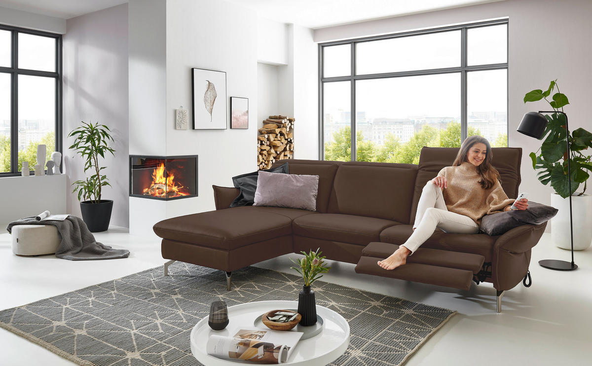 ECKSOFA in Lederlook (vegan) Dunkelbraun  - Dunkelbraun/Nickelfarben, Modern, Textil/Metall (179/233cm) - Livetastic